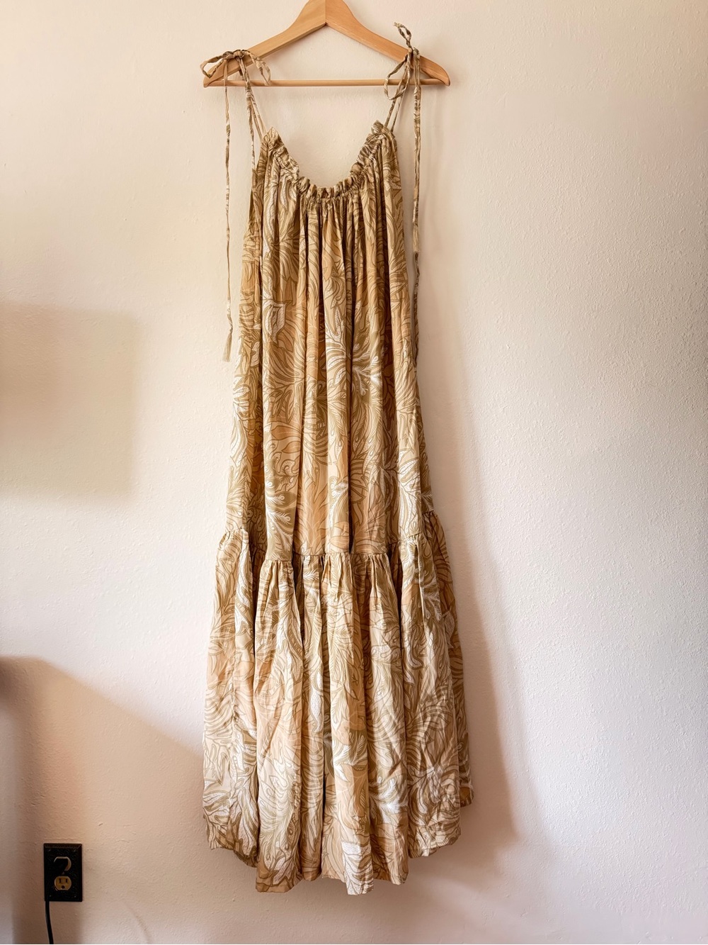 Natalie Martin Beige Tropical Floral Tie-Strap Silk Maxi Dress